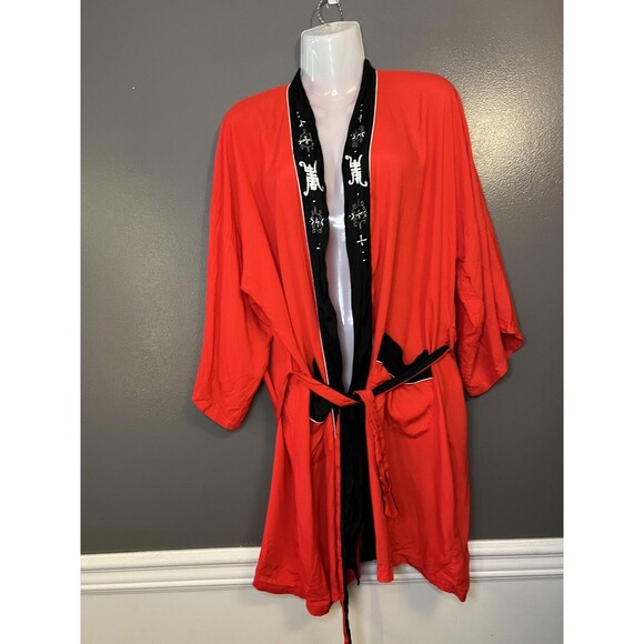 Plum Blossoms Robe Mens Large Red Kimono Belted Embroidered Contrast Trim - Picture 3 of 13